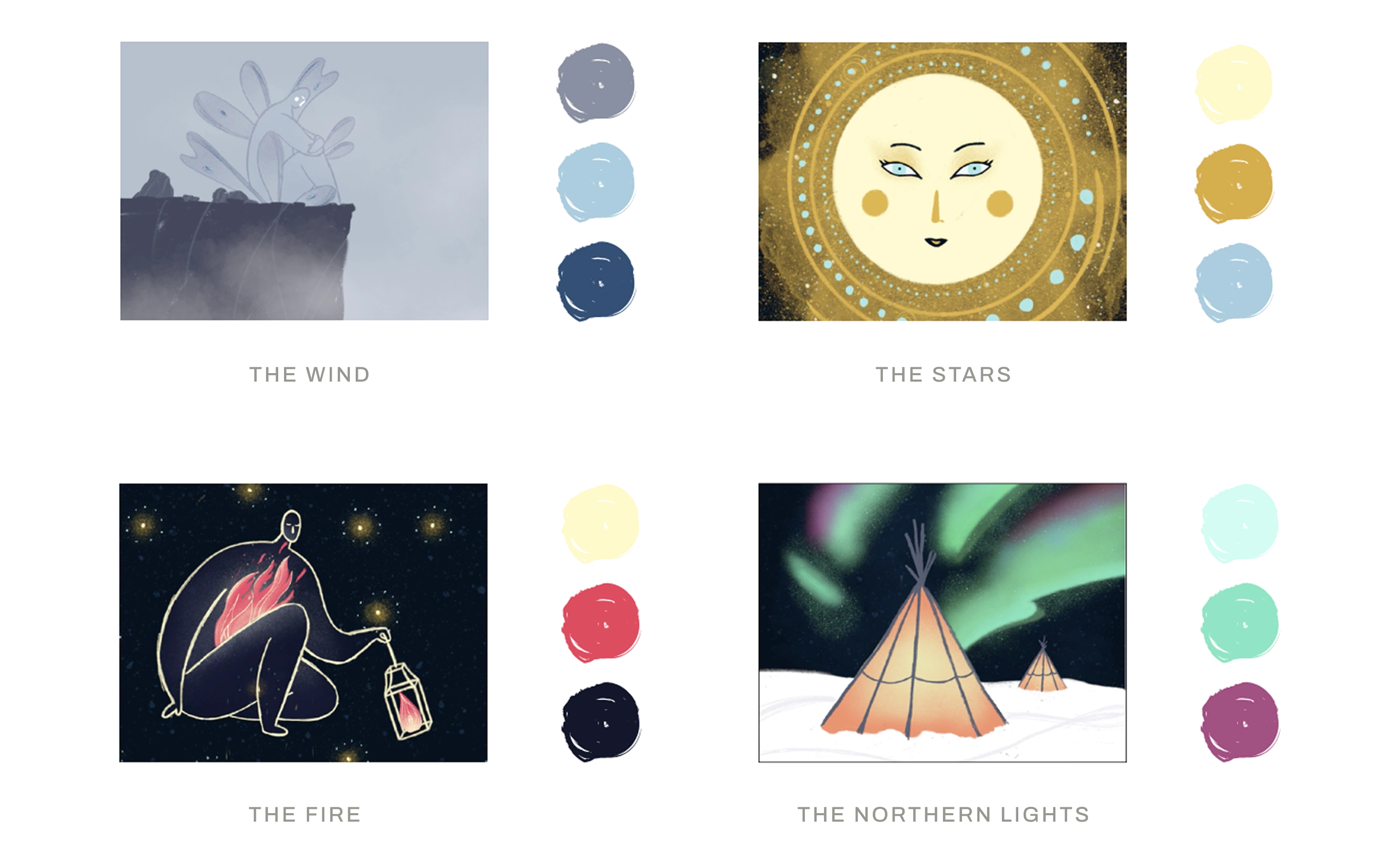 Aurora — character studies: the wind, the stars, the fire, the northern lights