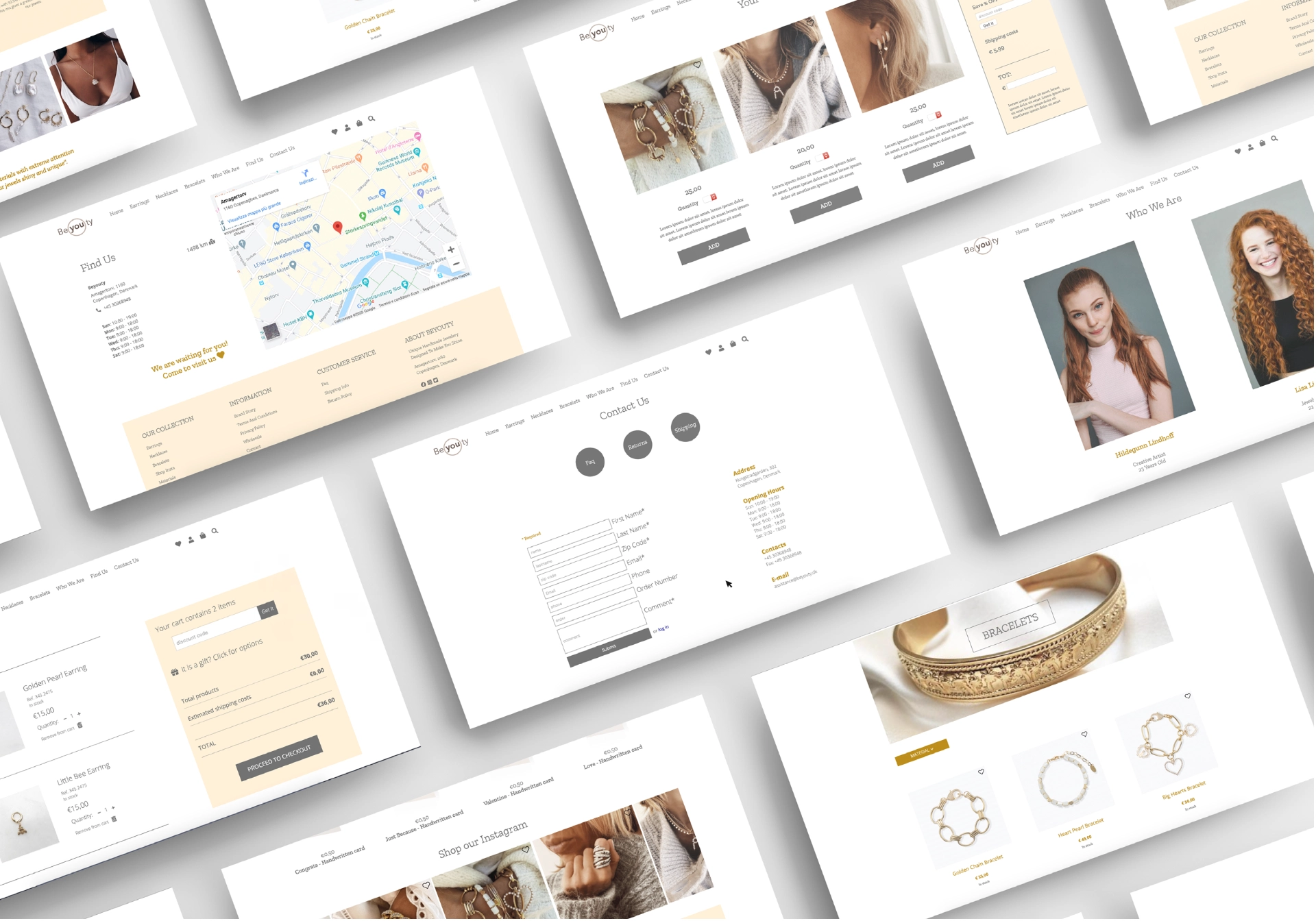Be(you)ty responsive e-commerce screens — find us, product, cart, contact and collection pages