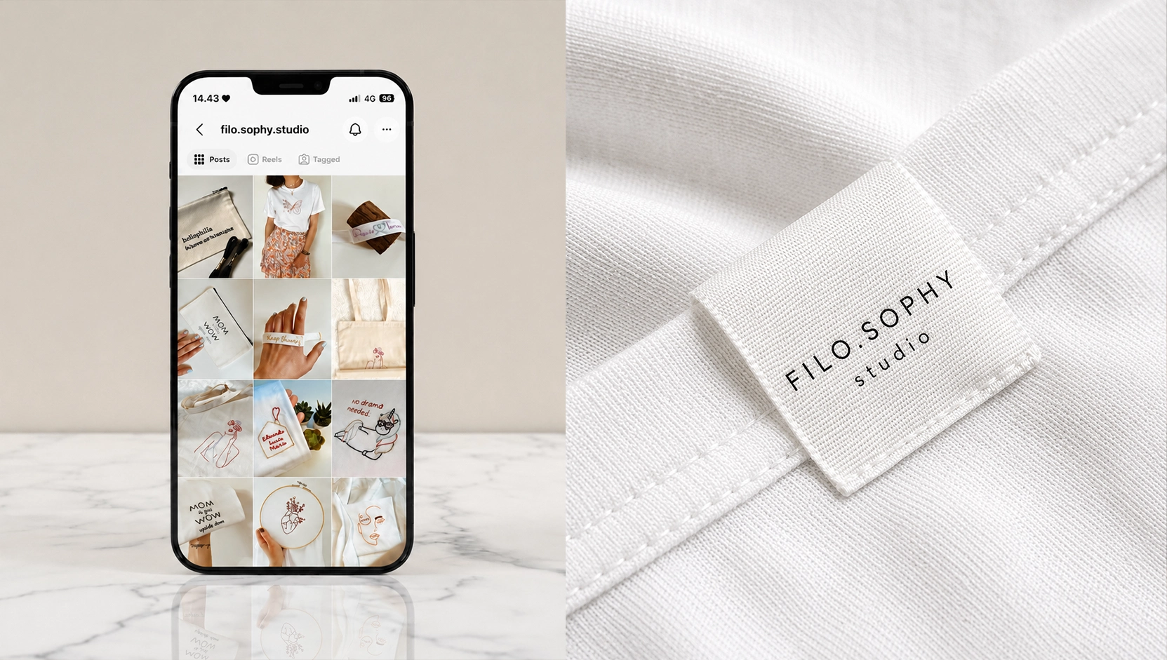 Instagram feed and embroidered garment tag